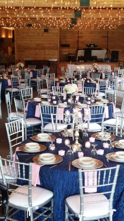 Navy blue, silver, and blush pink wedding. Candelabras, flowers, charger plates. Navy Blue Wedding Ideas, Navy Blush Weddings, Classic Blue Wedding, Blue Wedding Ideas, Blue And Blush Wedding, Blue Wedding Decorations, Wedding Color Combos, Wedding Color Trends, Wedding Colors Blue