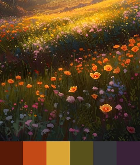 Color palette based on an image of flowers on a mountainside at sunset. Muted rainbow shades Golden Hour Paint Color, Dusty Rainbow Color Palette, Muted Rainbow Aesthetic, Golden Hour Color Palette, Backyard Bunkie, Golden Hour Palette, Muted Rainbow Color Palette, Earth Colour Palette, Earth Tone Rainbow