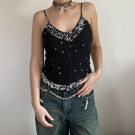 Vintage Y2K whimsigoth 100% silk black sequin cami... - Depop Sequin Cami Top, Retro Shoes, Makeup For Brown Eyes, Black Sequins, Cami Top, Cami Tops, Message Me, Nightwear, Vintage Y2k