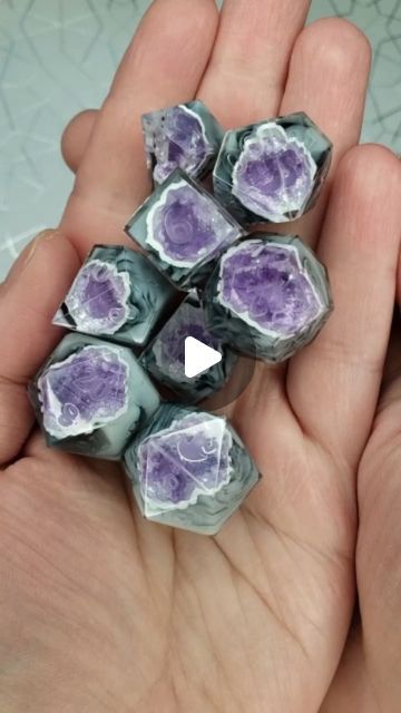 Paxton | WitchHazel Dice on Instagram: "Next step will be to polish the dice and ink the numbers! 👌 I use a crisp white for maximum readability while maintaining the geode aesthetic. I will have one set and one D20 single in this design as part of my shop update on January 11th at 1 pm PT, as well as the aquamarine, emerald, ruby, sapphire, and citrine geode designs! #handmadedice #dnd #birthstonedice #gemstonedice #geodedice #dicegoblin #dice #diceporn #dicemaking" Geode Aesthetic, Diy Resin Dice, Potion Ideas, Citrine Geode, Cool Dice, Dice Dragon, Diy Dice, Dice Goblin, Custom Dice