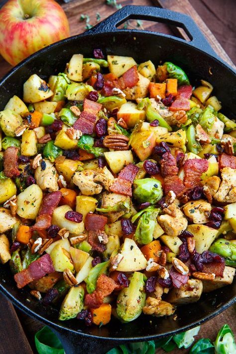 Harvest Skillet Chicken with Apples, Brussels Sprouts and Sweet Potatoes Chicken Recipes Skillet, Brussels Sprouts And Sweet Potatoes, Harvest Skillet, Chicken With Apples, Closet Cooking, Sweet Potato And Apple, Paleo Dinner, Skillet Chicken, Sweet Potato Recipes