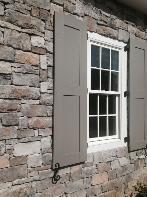 Simple Shutters Exterior, Diy Colonial Shutters Exterior, How To Build Shutters, Shutters On Stone Exterior, Shaker Shutters Exterior, French Country Shutters Exterior, Shutter Ideas Outdoor Window, Shutters On Stone House, Shutter Ideas Outdoor