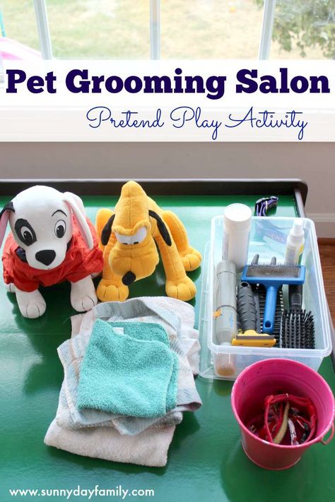 Set up your very own play Pet Salon using items found around the house! Kids love playing groomer to their favorite stuffed pets with this fun activity. Pet Day Activities For Kids, Play Activity For Preschoolers, Preschool Pets, Pet Study, Pet Activities, Toddler Projects, Pet Grooming Salon, Activity For Preschoolers, Pets Preschool Theme