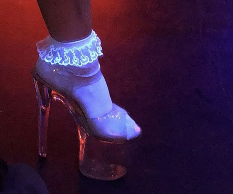 Pleaser Heels Outfit, Pleasers Heels, High Heels Aesthetic, Nightclub Aesthetic, Frilly Socks, Pleaser Heels, Heels Aesthetic, Socks And Heels, Lace Socks