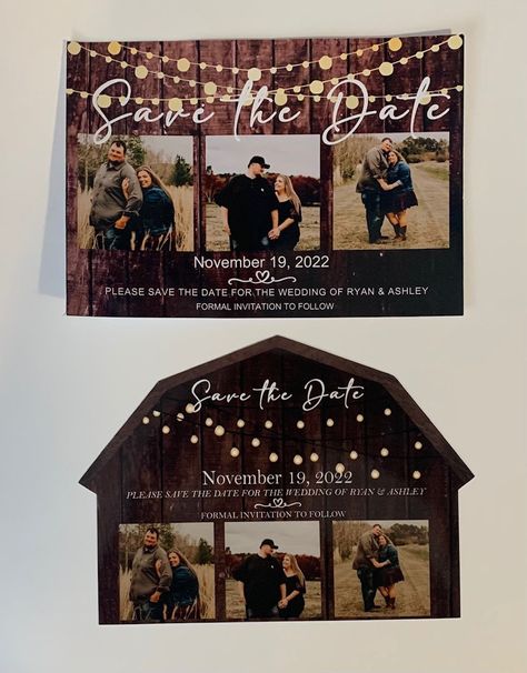 Rustic Save the Date/barn wedding/country wedding/customized with photos This Customized save the date is personalized with your photos.   Details: The Save the date is printed on high quality photo cardstock paper.  The background has a brown barn wood finish, with the script Save the Date.  Up to 3 photos can be put on the card along with names and date to wed. I am happy to customize the wording or saying if desired.  Each save the date includes a kraft brown envelope. Sizing: The card is 5x7 but I am happy to change out the size upon request. Order Info: *Please include the names and date in the customization section of the order. *Photos can be sent by messaging me with the attached photos **Please send quality photos for best results. Rustic Save The Date Ideas For Weddings, Rustic Wedding Save The Date Ideas, Western Save The Dates, Rustic Save The Date Ideas, Country Save The Date, Save The Date Photo Ideas, Western Wedding Cakes, Save The Date Rustic, Save The Date Pictures