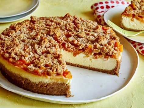 Peach Cobbler Cheesecake Recipe | Food Network Kitchen | Food Network Peach Crisp Cheesecake, Peach Cobbler Cheesecake Recipe, Peach Cobbler Cheesecake, Peach Cheesecake, Peach Dessert, Peach Dessert Recipes, Dessert Recipies, Berry Compote, Peach Desserts