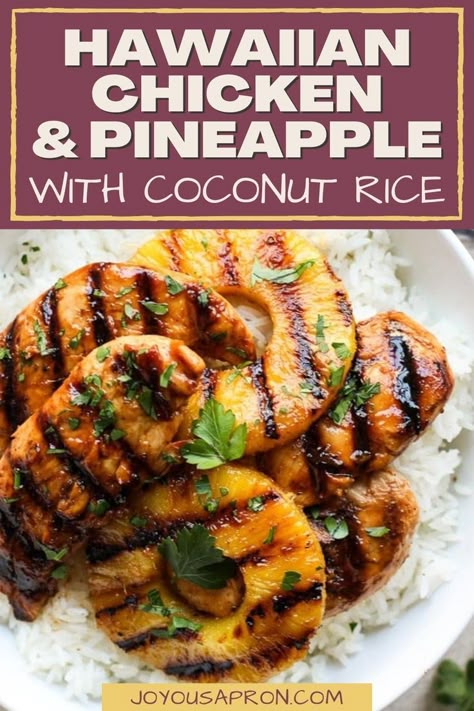 Let your taste buds take a tropical journey with this delicious Hawaiian Chicken & Pineapple with Coconut Rice dish. A fragrant blend of grilled pineapple, savory chicken, and creamy coconut rice creates an explosion of flavor in this satisfying meal. So, get into the Hawaiian spirit and put on your apron; it's time to cook up a tropical feast! Chicken With Coconut Rice, Hawaiian Chicken Recipes, Coconut Rice Recipe, Chicken Coconut, Hawaiian Chicken, Pineapple Chicken, Grilled Pineapple, Hawaiian Food, Coconut Rice