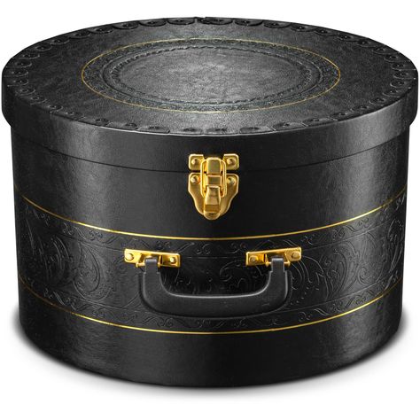 PRICES MAY VARY. SIZE: This Black & Gold Large Hat Storage Container Box Is "10" Inches High From Outside, "9.5" Inches High the Inside and Has A Diameter Of "15.75" Inches From Outside, "14.65" Inches the Inside. DISPLAY THEM: These Multi-Functional Storage Boxes Look Elegant on Display with The Nice Design / Gold Rim on The Box & Lid Together with The Sturdy Gold Lock and Handle Which Gives It an Upscale Modern Look. QUALITY: This Hard Hat Box Is Made of A Hard Material And High-Quality PVC le Bathroom Storage Jars, Closet Storage Accessories, Vintage Hat Boxes, Hats And Caps, Cardboard Sculpture, Round Hat, Hat Holder, Hat Storage, Home Fragrance Accessories