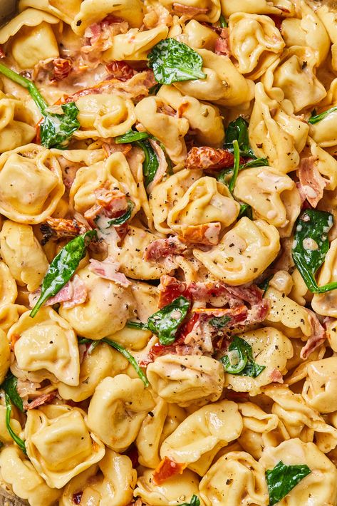 Creamy Tuscan Pasta Recipes, Tuscan Tortellini Pasta Soup, Tortellini With Bacon, Creamy Tuscan Tortellini Pasta, Bertolli Tortellini Recipes, Tuscan Tortellini Skillet Bake, Tuscan Tortellini Skillet, Tortellini With Prosciutto, Creamy Baked Tortellini