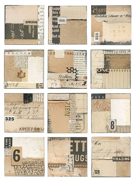 I am always amazed at how much contrast and texture appears in all neutral compositions. These small (3″ x 3″) collages were all made from the little scraps of vintage papers that usual… Book Page Collage Art, Collage Book Pages, Mixed Media Paper Art, Small Collage Art, Simple Collage Art, Pamela Towns, Grid Journaling, Linda Germain, Collage Composition