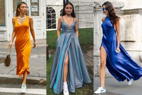 7 hacks to rock formal wear with sneakers in 2023 + fake long legs! Long Formal Dress With Sneakers, Semi Formal Dresses 2023, Semi Formal Sneakers Outfit, Long Gown And Sneakers Outfit, Homecoming Tennis Shoes, Cocktail Dresses With Sneakers, Sneakers For Homecoming, Formal Dress Sneakers Outfit, Cocktail Dress Sneakers Outfit