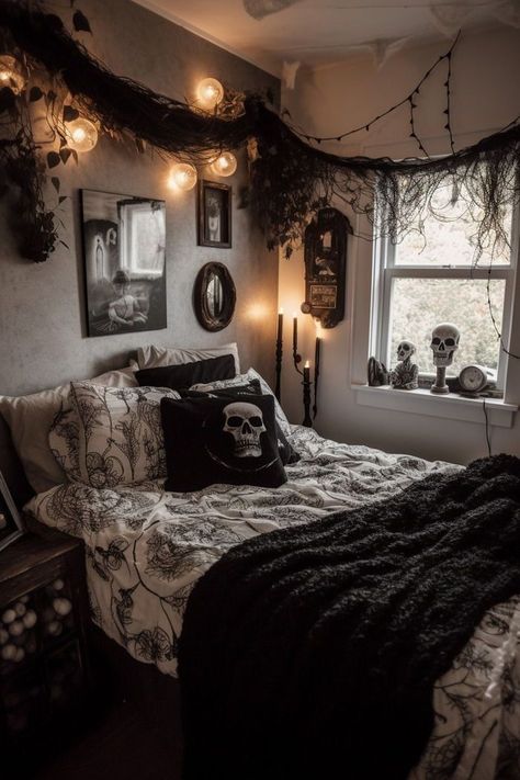 Get ready for a hauntingly beautiful bedroom makeover with these eerie yet elegant Halloween decor tips. Whether you love a subtle spooky touch or a full-on haunted house vibe, these ideas will bring the spirit of Halloween into your personal space. 👻🕯🎃 #HalloweenDecor #SpookyBedroom #HauntedHome #OctoberDecor Goth Room Ideas Aesthetic, Spooky Room Decor Bedroom, Halloween Inspired Bedroom, Gothic Cottagecore Bedroom, Gothic Teen Bedroom, Whimsgothic House, White Goth Decor, Bedroom Inspiration Cozy Dark, Halloween Bedroom Decor Ideas