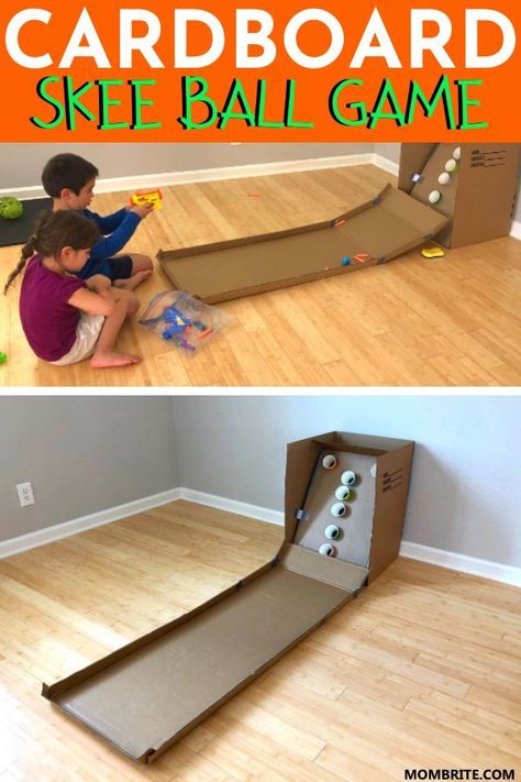 Tasked with entertaining a couple of young ones at home? Learn how to create this super fun Cardboard Skee Ball game with things you already have at home! This energy busting activity is a great boredom buster that will also keep your kids engaged and exhausted by the end of the day.  #IndoorEnergyBustingActivities #BoredomBustersForKids #CardboardSkeeBallGames #IndoorGamesForKids How To Make A Skee Ball Game, Cardboard Ski Ball, Diy Skee Ball Game, At Home Arcade Games Diy, Homemade Skee Ball Game, Cardboard Forts For Kids, Diy Home Games, Diy Skeeball Game Cardboard, Diy Ski Ball Game