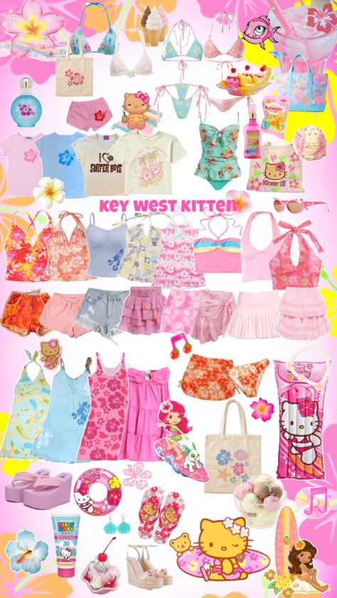 #summer #beach #beachy #aesthetic #keywestkitten #sanrio #hellokitty #clothes #collage #strawberryshortcake #beachgirl #fashion #pink #hotgirlsummer #cute #cutecore #tropical #tropicore #orange #pinkandorange #hibiscus Beachy Y2k Aesthetic, Pink And Orange Beach Aesthetic, 2000s Beach Aesthetic Outfits, Tropical Core Clothes, Tropicore Outfits, Tropical Outfits Aesthetic, Tropical Outfit Aesthetic, Key West Kitten Outfits, Tropical Core Outfit