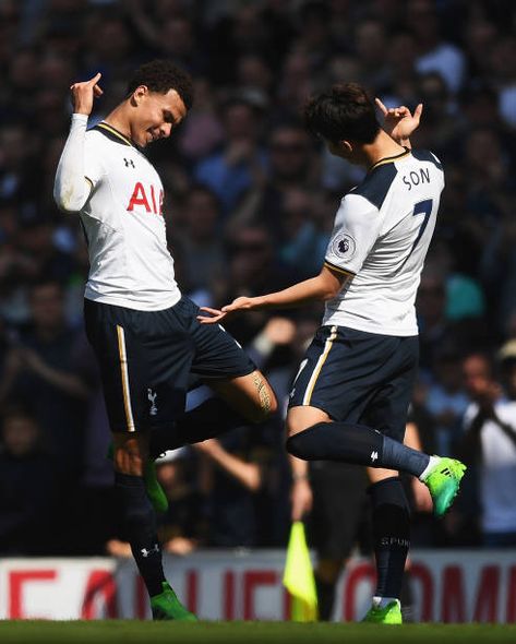 Dele Alli of Tottenham Hotspur celebrates scoring his sides first goal with HeungMin Son of Tottenham Hotspur during the Premier League match between... Tottenham Hotspur Wallpaper, Dele Alli, Tottenham Hotspur Football, Min Son, England Football Team, Tottenham Hotspur Fc, Fc Chelsea, European Soccer, Soccer Tips