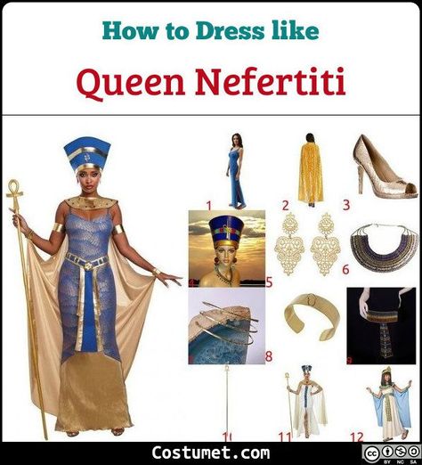 Nefertiti Halloween Costume, Nefertiti Costume Diy, Queen Nefertiti Costume, Gold And Blue Dress, Nefertiti Costume, Nefertiti Dress, Golden High Heels, Egyptian Queen Costume, Egyptian Headpiece