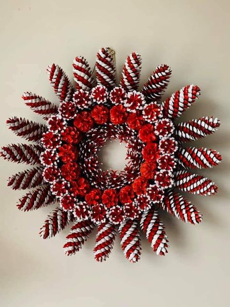 Red Pinecone Wreath, Pinecone Ideas, Pine Cone Flower Wreath, Doily Crafts, Pinecone Crafts Christmas, Deco Fruit, Scarecrow Face, Christmas Decorations Centerpiece, Pinecone Crafts