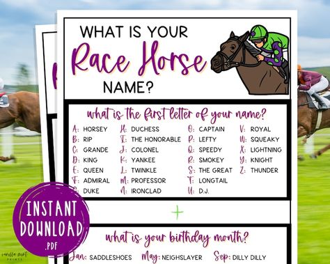 Whats Your Race Horse Name Game Triple Crown Party Game Horse Race Kentucky Derby Preakness Belmont Fun Activity for Adult & Kid - Etsy Horse Race Birthday Party Ideas, Derby Day Activities For Kids, Derby Party For Kids, Horse Racing Birthday Party, Kentucky Derby Classroom Activities, Horse Race Party Ideas, Kentucky Derby For Kids, Kentucky Derby Party For Kids, Kids Derby Party