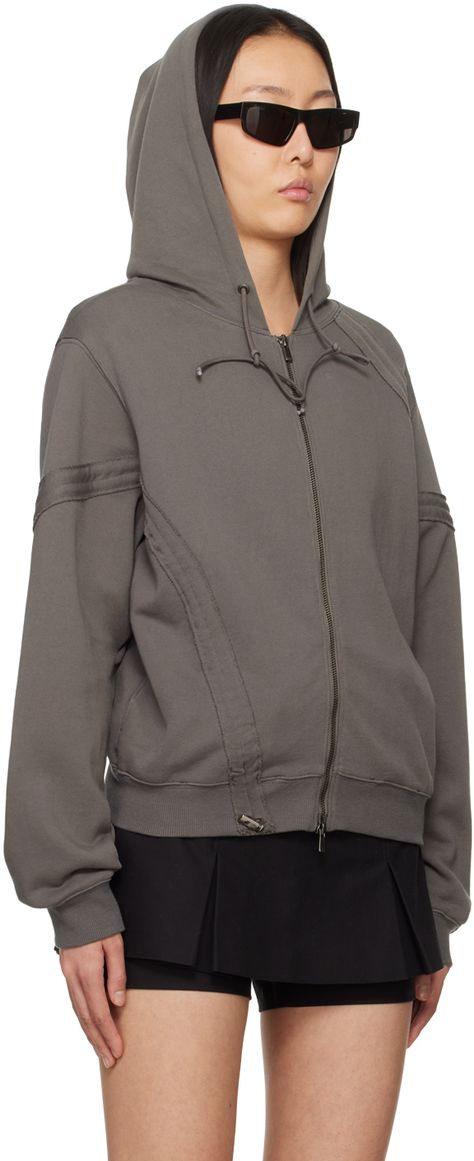 French terry hoodie. Bungee-style drawstrings and shirring throughout. · Drawstring at hood · Two-way zip closure · Seam pockets · Rib knit hem and cuffs Supplier color: Dark grey Menswear Inspiration, French Terry Hoodie, French Seam, Luxury Streetwear, Hoodie Fashion, French Terry, Cool Shirts, Designer Fashion, Hoodies Womens