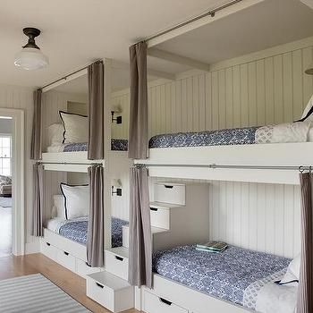 Bunk Beds with Built In Steps - Transitional - Boy's Room - Benjamin Moore White Dove - Sophie Metz Design Bunk Beds For Girls Room, Bunk Room Ideas, Bed For Girls Room, Girls Bunk Beds, Bunk Bed Rooms, Modern Bunk Beds, Bunk Beds Built In, Loft Bunk Beds, Built In Bunks