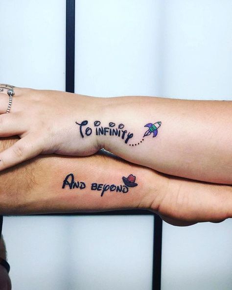 🚀 To infinity and beyond. . . . #10years #10yearstogether #toystory #toystorytattoo #disney #pixar #tattoo #coupletattoos… Pixar Tattoo, Couple Tats, Matching Disney Tattoos, Disney Couple Tattoos, Toy Story Tattoo, Him And Her Tattoos, Couple Tattoos Love, Maching Tattoos, Matching Friend Tattoos