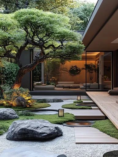 ↑↑↑ Larger size on website 🔸 A tranquil Japanese garden with a large tree, white gravel, moss covered rocks, and wooden paths lea Wooden Pathways, Modern Japanese Garden, Wooden Pathway, Modern Greenhouses, White Gravel, Nature And Architecture, Wooden Path, Zen Garden Design, Minimalist Japanese