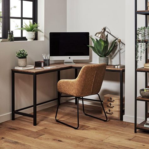 Sheffield corner desk and office chair set – Industrial - tan - Laura James Cozy Office Space At Home, Tan Desk, Wooden Corner Desk, Office Decor Industrial, Cozy Office Space, Small Modern Bedroom, Alex Desk, Neutral Office, Leather Desk Chair