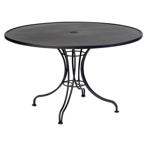 Umbrella Table, Round Patio Table, Table With Umbrella, Iron Patio Furniture, Round Patio, Teak Wood Furniture, Bistro Furniture, Outdoor Patio Designs, Wood Patio Furniture