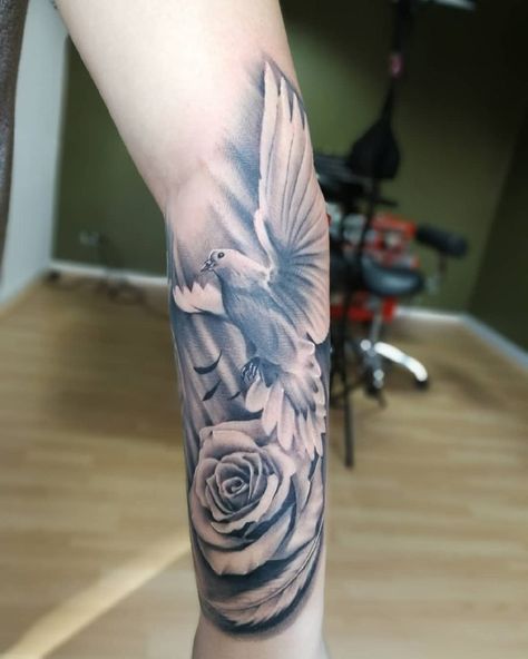 Rose And Dove Tattoo For Men, Dove With Ribbon Tattoo, Doves Flying To Heaven Tattoo, Dove Feather Tattoo, Dove Tattoo Sleeve, Bird And Rose Tattoo, Realistic Dove Tattoo, Dove Tattoo Design For Women, Dove Tattoo Men