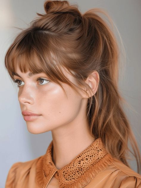 30 Charming Ponytails with Bangs: A 2024 Style Guide Chunky Fringe Bangs, Bangs Bridesmaid Hair, Best Haircuts For Glasses Wearers, Middle Part Fringe Bangs, Short Bangs Ponytail, Long Bob Hairstyles Fringe, Straight Bangs Haircut, Bangs For High Cheekbones, Half Up Half Down With Fringe