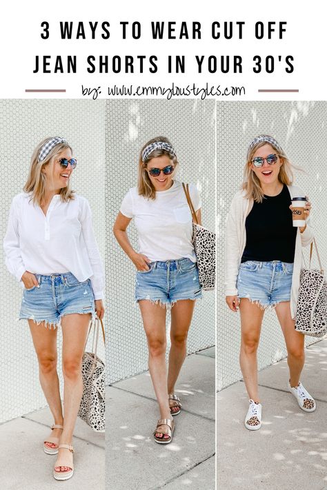 Think you're too old for cutoff jean shorts? Think again! This post features three ways to wear cutoff jean shorts in your 30's! Read now! Shorts For Moms Over 30, Short Flare Jeans Outfit, Women’s Summer Outfits 2023, Jean Shorts Outfit 2023, Jean Shorts 2023, What To Wear Summer 2023, What To Wear With Denim Shorts, Vacation Shorts Outfit, Simple Shorts Outfit