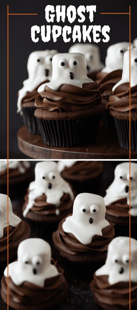 Ghost cupcakes are the perfect spooky treat for celebrating Halloween! All your ghouls and goblins will love making and eating these halloween cupcakes. Halloween Cupcakes Gore, Marshmallow Ghost Cupcakes, White Halloween Cupcakes, Spooky Halloween Baked Goods, Mini Halloween Cupcakes For Kids, Decorating Halloween Cupcakes, Ghost Cupcake Cake, Bat Cupcakes Halloween, Cupcake Designs Halloween