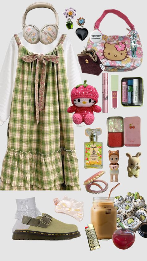 #outfit #outfitinspo #hellokitty #makeup #pixiemakeup #drmartens #sonnyangels #calicocritters #icedcoffee #sushi #strawberry #aesthetic Happycore Outfit, Tweencore Aesthetic, Trinketcore Outfit, Dream Core Outfits, Strawberry Aesthetic Outfit, Colorful Ootd, Strawberry Outfit, Strawberry Aesthetic, Happy Outfit