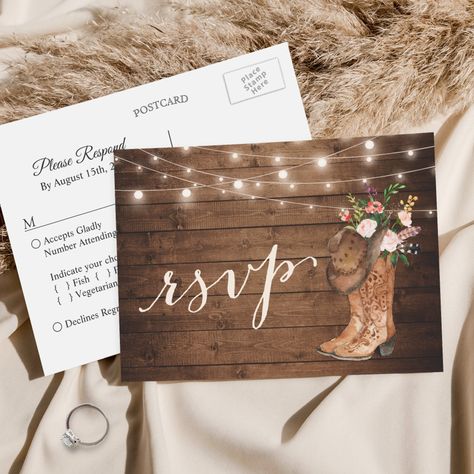 Rustic Cowboy Boots Floral String Lights RSVP Invitation Postcard | #wedding #boots #cowboy #cowgirl #rsvp #stringlights #wood #response #rustic #country Rustic Boots, Postcard Wedding, Rsvp Invitation, Postcard Wedding Invitation, Postcard Format, Western Birthday Party, Western Birthday, Wedding Postcard, Country Theme Wedding