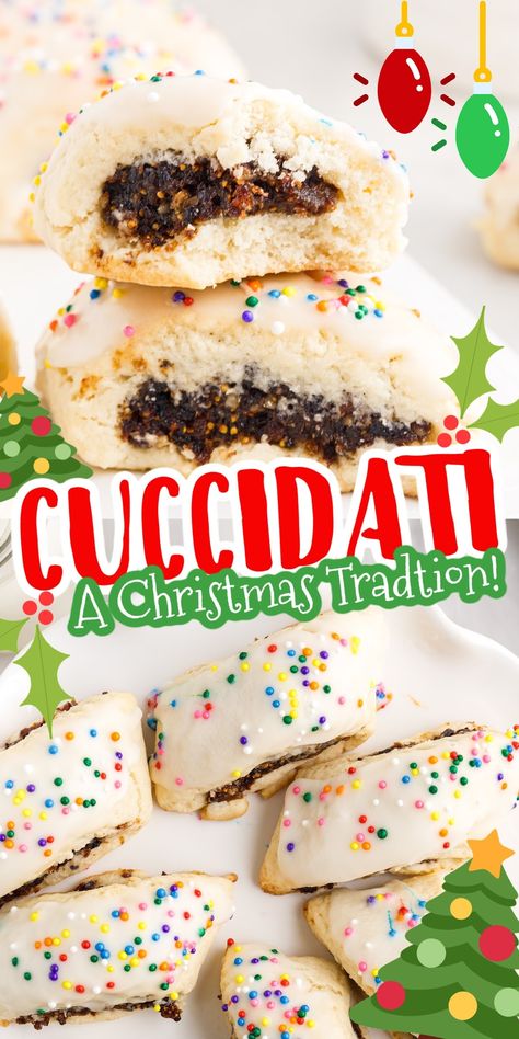 Cuccidati are the best Italian Christmas cookies. With a buttery shortcrust dough, stuffed with nutty fig filling, and glazed with sprinkles. Italian Nut Roll Cookies, Cuccidati Cookies, Italian Fig Cookies, Fig Cookies, Italian Christmas Cookies, Dough Ingredients, Italian Christmas, Filled Cookies, Sleigh Bells