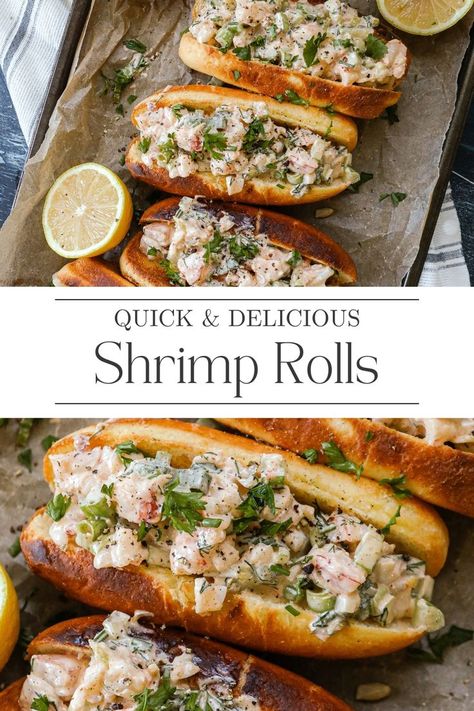 This East Coast Shrimp Rolls recipe will make you feel like you are spending the day along the Atlantic. The recipe combines shrimp with a scrumptious herb mayo and buttered bun for a New England experience no matter where you live. Visit Sugar Maple Farmhouse to find the full recipe for Shrimp Rolls. Shrimp Hoagie Sandwiches, Crab And Shrimp Roll, New England Shrimp Rolls, Recipes Using Tiny Canned Shrimp, Shrimp Hamburger Recipes, Shrimp Lobster Roll, Old Bay Shrimp Rolls, Best Seafood Dinner Recipes, Lobster Roll Sandwich