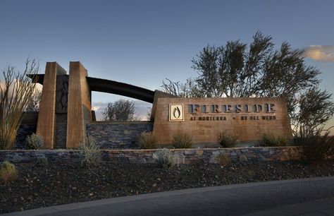 Fireside at Norterra by Del Webb. This sign needs an actual fire feature. Ranch Entrance Ideas, Subdivision Entrance, Monument Signage, Hospital Signage, Entrance Signs, Entrance Signage, California Architecture, Wayfinding Signage Design, Monument Signs