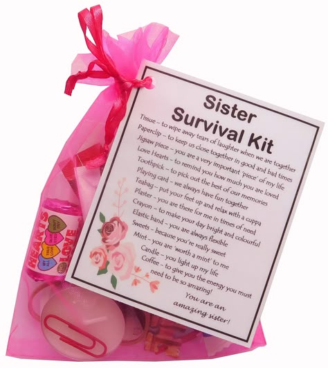 Sister Survival Kit in Pink Organza bag filled with items with sentimental meanings. : Amazon.co.uk: Stationery & Office Supplies Sister Survival Kit, Pink Gift Basket, Birthday Survival Kit, Anniversary 50th, Gifts Sister, Second Anniversary Gift, Survival Kit Gifts, Smile Gift, Gifts Couple