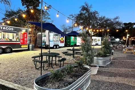 Food Truck Park, Food Court Design, Rooftop Restaurant Design, Food Counter, Food Park, Austin Food, Swim Summer, Shady Tree, Community Park