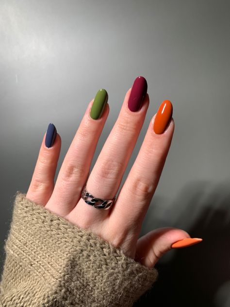 Breaking out my favourite fall polishes 🖤 #fall #fallnails #skittlemani #fallstyle #fallnailart #autumn Fall Color Block Nails, Autumn Rainbow Nails, Fall Multi Colored Nails, Fall Nails Multi Colored, Bright Autumn Nails, Fall Nails Different Color Each Nail, Multi Colored Fall Nails, Multicolor Fall Nails, Winter Multicolor Nails