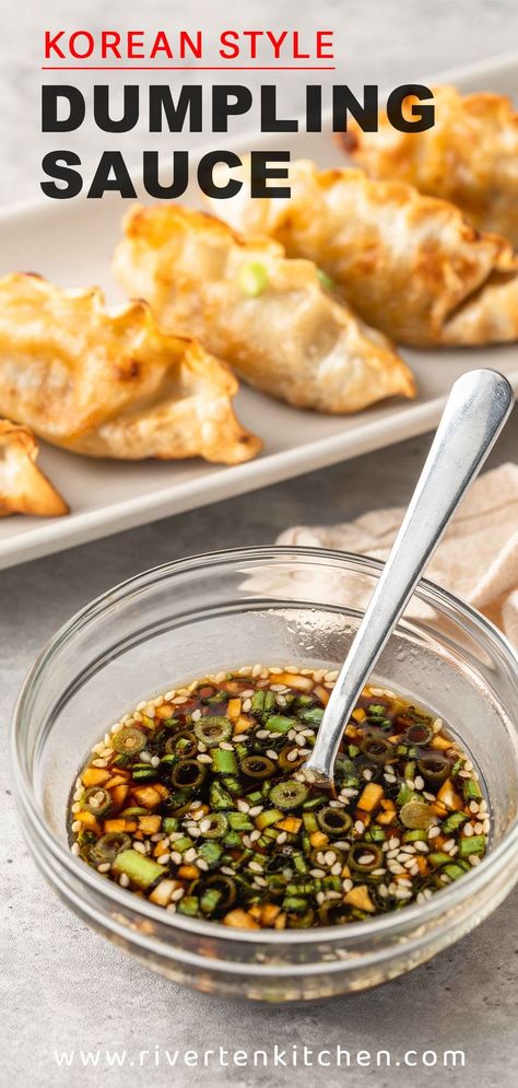 Korean dumpling sauce made of soy sauce, sugar, garlic and sesame oil. Dumping Sauce Recipe, Sweet And Spicy Dumpling Sauce, Thai Dumpling Sauce, Ginger Dumpling Sauce, Vegetable Dumplings Chinese, Sauce For Pork Dumplings, Shrimp Dumpling Sauce, Sauce For Chinese Dumplings, Dipping Sauce For Pork Dumplings