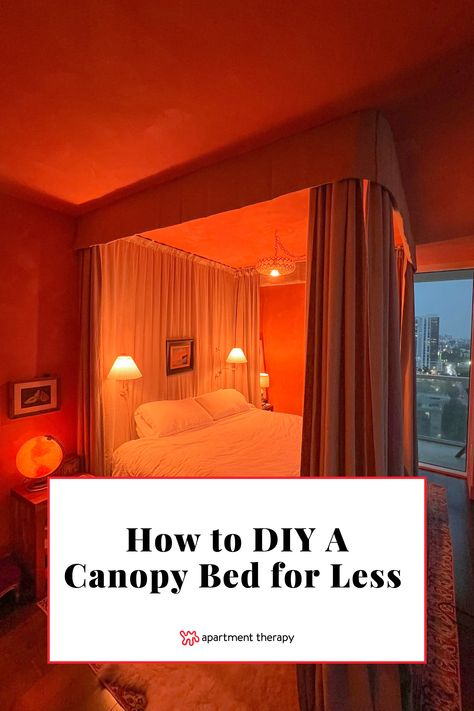 Create a DIY own canopy bed without buying a bulky bed frame using this smart, budget-friendly curtain mounting trick. Apartment Friendly Canopy Bed, Curtain Rod Bed Canopy, Curtains For Canopy Bed, Diy Bed Canopy Curtains, Diy Canopy Tent Bedroom, Platform Bed With Canopy, Ceiling Mounted Canopy Bed, Canopy King Bed Ideas, Diy Canopy Bed For Adults Romantic Bedroom Ideas