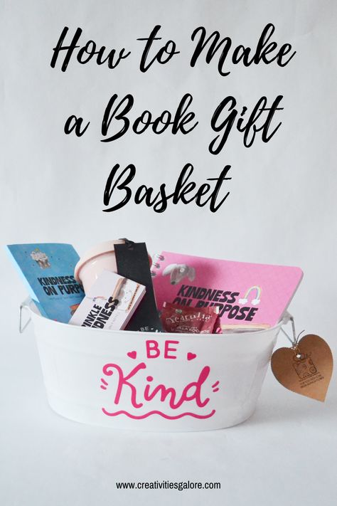 How to Make a Book Gift Basket - Creativities Galore Themed Book Baskets, Book Baskets Gift, Book Basket Party, Book Basket Exchange Party, Book Club Basket Ideas, Gift Basket For Book Lovers, Reading Gift Basket Ideas, Gift Basket For Readers, Book Hampers Gift Ideas