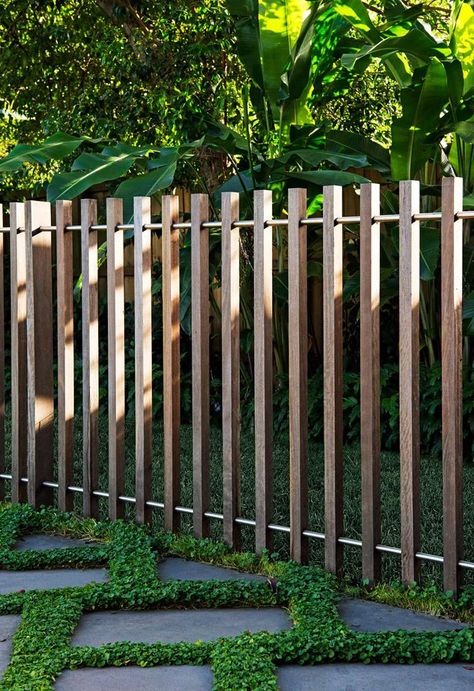 Calming shades and intelligent use of space turns a backyard eyesore into a relaxed resort-style dream. Modern Farm Fencing, Pool Terrace, Funny Vine, Timber Battens, Backyard Fence, Pool Landscape, Grants Pass, Pool Fence, Fence Landscaping