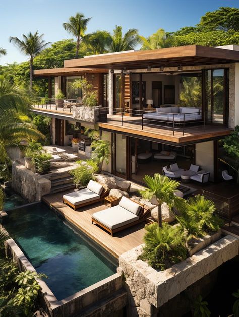 Bali Style House Exterior, Modern Industrial Beach House, Tropical Villas Design, Villa Style Home Exterior, Bali Villa Exterior, Tropical Villa Exterior, Modern Tropical House Exterior, Cancun House, Mexican Villa House