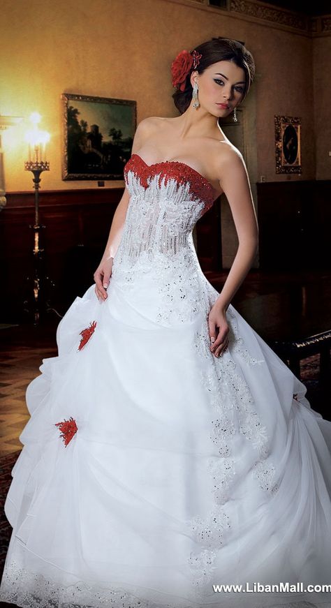 ballgown wedding dress with red accents by Mireille Dagher Wedding Dress With Red Accents, Wedding Dress With Red, Red White Wedding Dress, White And Red Wedding, Beach Short Dress, Wedding Dresses High Low, Red Wedding Dress, Muslim Wedding Dresses, Plus Size Bride