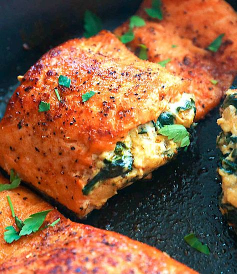 Grilled Stuffed Salmon Recipes, Cream Cheese And Spinach Stuffed Salmon, Stuff Salmon With Spinach And Shrimp, Stuff Salmon With Spinach, Stuffed Salmon Recipes Spinach, Salmon Recipes Stove Top, Stuffed Salmon Recipes, Trout Fillet Recipes, Spinach Stuffed Salmon