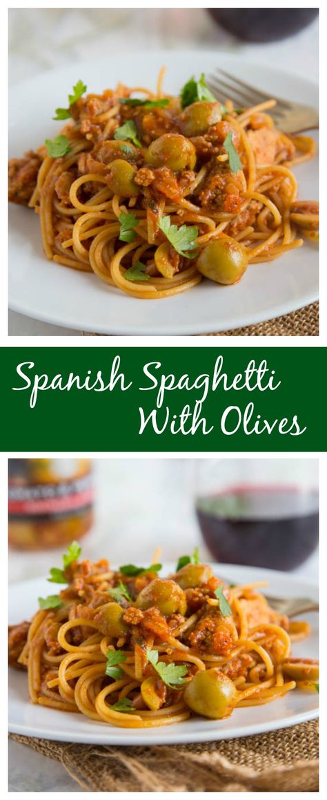 Spaghetti Sauce With Olives, Spaghetti With Olives, Portuguese Spaghetti Recipe, Puerto Rican Spaghetti With Ground Beef, Spanish Pasta Recipes, Spanish Spaghetti Recipes, Spanish Spaghetti, Dominican Spaghetti, Spanish Pasta