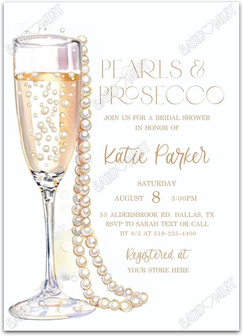 Quickly personalize. Includes matching thank you card.   Host a successful bridal shower starting with this wine & pearls rose invite!   You can edit this product yourself, during and/or after purchase. Print or send as an Evite.  Image watermarks will be removed after purchase. Diamonds And Pearls Bachelorette Party, Glitzy Bridal Shower Ideas, Pearl Bridal Shower Invitation, Simple Classy Bridal Shower Ideas, Pearls And Prosecco Bridal Shower Invite, Bougie Bridal Shower Theme, Diamond Bridal Shower Theme, Champagne Bridal Shower Ideas, Vineyard Bridal Shower Ideas