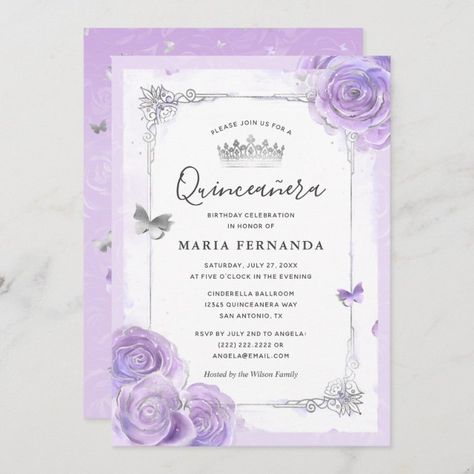 Silver Light Purple Roses Elegant Quinceanera Invitation | Zazzle.com Purple Quinceanera Invitations, Light Purple Quinceanera, Light Purple Roses, Birthday Party Flowers, Purple Quinceanera Theme, Lavender Quinceanera, Color Lila Pastel, Purple Quinceanera, Butterfly Confetti